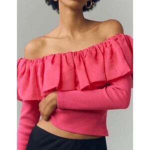 Anthropologie Off-Shoulder Ruffle Long Sleeve Top‎ Small Hot Pink Romantic Shirt